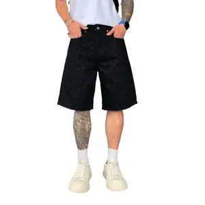 SHION7 Fashion Black Shorts Jeans For Men Jacquard Pattern Knee Length Loosen Fit Straight Leg Denim Shorts