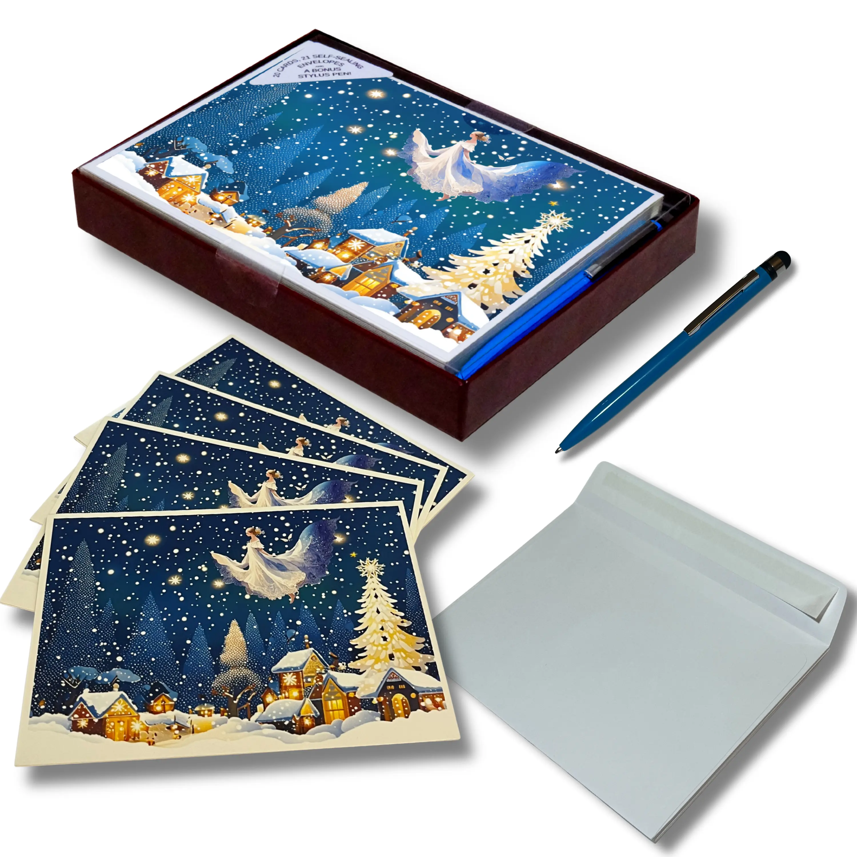 Christmas Cards Box Set – 20 Holiday Greeting Cards with Envelopes – Enchanted Winter Fairy Theme – Keepsake Storage Box & Bonus Pen - Nebula Voyager