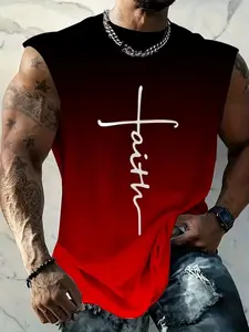 Men's Faith Cross Print Sleeveless T-Shirt, Trendy Slim Fit Sports Vest, Casual Loose Fit, Fashionable All over Print Top, Classic, Menswear