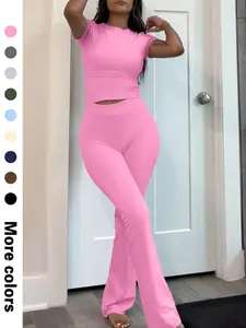 Women's Solid Crop Tee & Flare Leg Pants Set, Casual Fashion Cozy Round Neck Short Sleeve Top & Bell Bottom Trousers for Daily Outdoor Wear, Women's Clothing for Summer