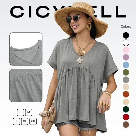 Cicy Bell Womens Summer Peplum Tops Oversized Babydoll Short Sleeve V Neck T Shirts Casual Loose Pleated Swing Blouse