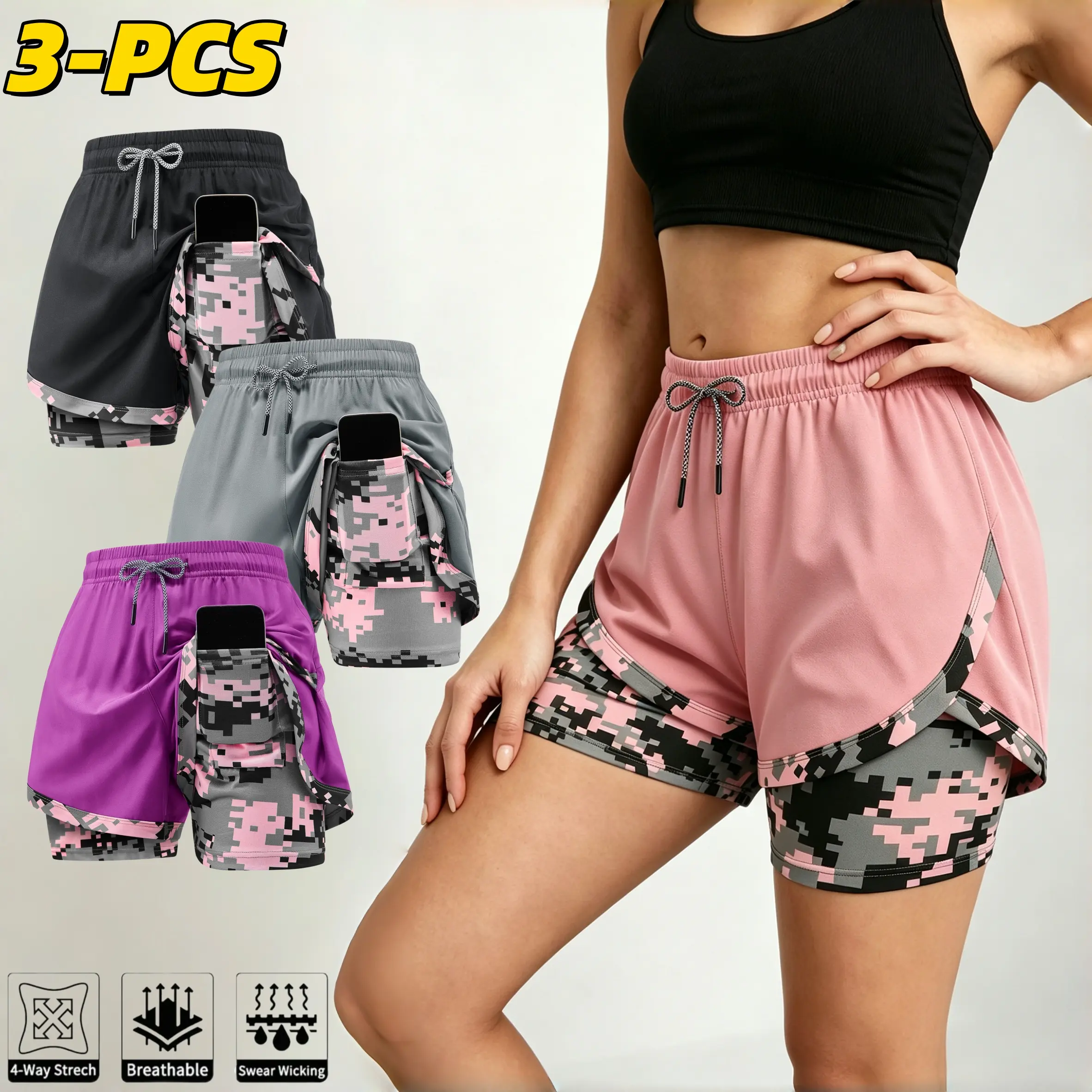 3-pack women's casual athletic shorts with built-in liner, drawstring, elastic waistband-suitable for outdoor sports,fitness, running, and casual wear; women's shorts, athletic shorts, womenswear,summerwins