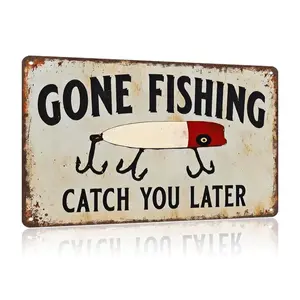Gone Fishing Metal Sign Humorous Vintage Wall Decor for Cabins Boats and Homes Rustic Aluminum Poster with Gone Fishing Catch You Later Design Ideal Gift for Fish Enthusiasts Lightweight