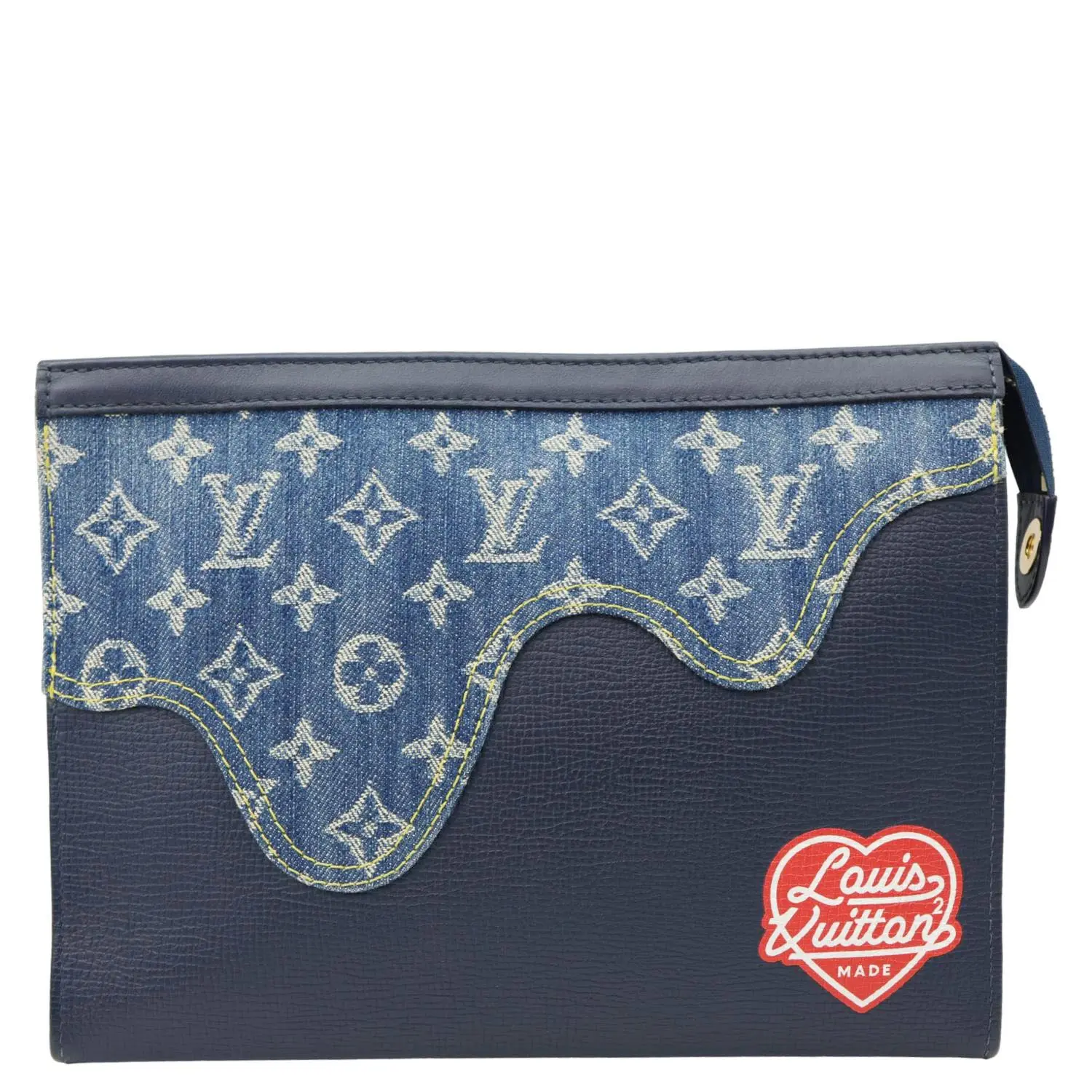 Pre-owned Louis Vuitton Denim and Taurillon Leather Pochette X NIGO Voyage MM Denim Drip Navy Blue