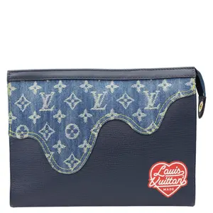 Pre-owned Louis Vuitton Denim and Taurillon Leather Pochette X NIGO Voyage MM Denim Drip Navy Blue