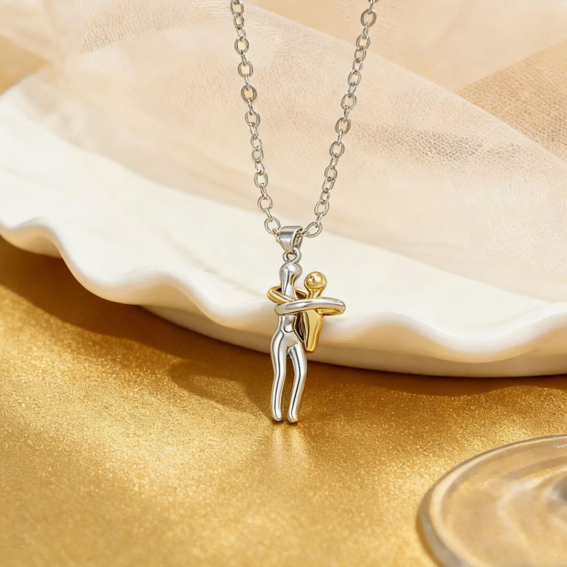 September Laurel  Hug Embrace Pendant Necklace for Mom & Child, Silver Gold Two-Tone Family Jewelry, Stylish and Meaningful Gift for Birthday, Party & Special Occasions