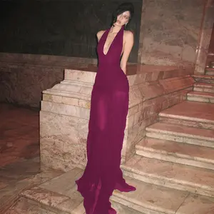 Semi Sheer Mesh Halter Deep V Neck Backless Maxi Dress for Women's Summer Sexy Gown Parties Beach Vacation Evening Outfits Elegant Bodycon Casual Long Dresses summerwins