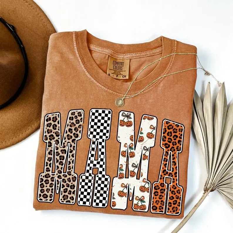 Comfort Colors Mama Pumpkin Leopard Shirt, Checkered Mama Shirt, Checkered Mama Shirt , Retro Halloween Tee, Spooky Season, halloween gift, halloween sweater