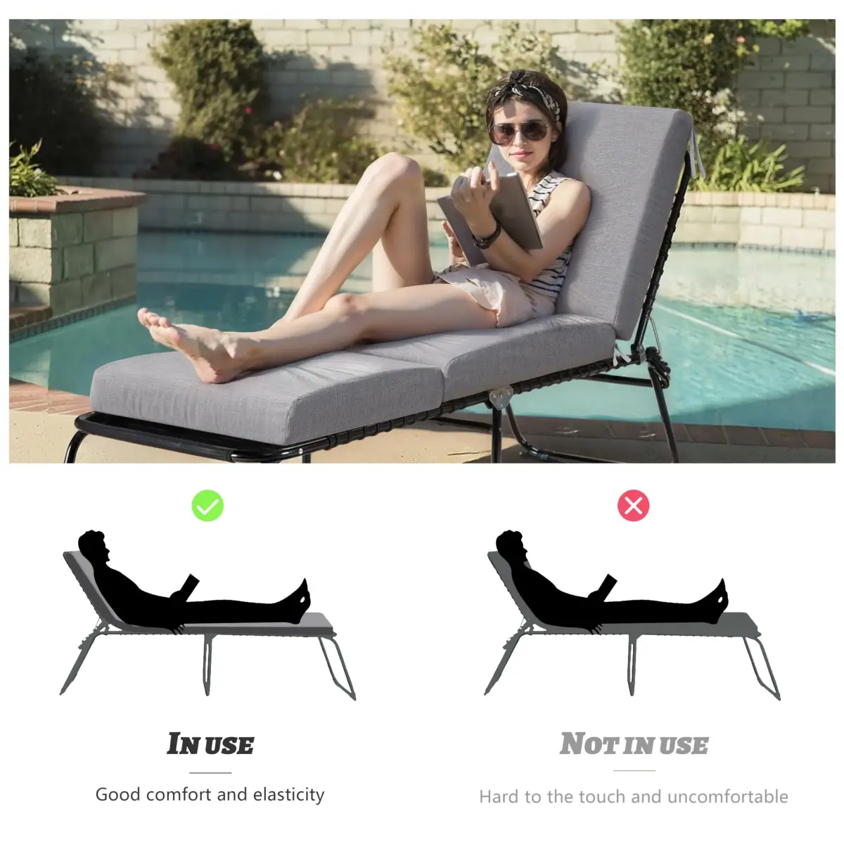Adjustable Rectangular Outdoor Chaise Lounge Replacement Cushion - 70x23x4.7 in, SPF50 Sun Protection, UV Resistant, Waterproof, 300gsm Polyester Cover, Abrasion Resistant, All-Weather Durability for Garden Poolside Recliners, Chaise Lounge Cushion