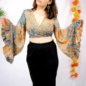 3Way Bell Sleeve Wrap Top, Boho Crop Top,70s Fashion, Bohemian Recycled Silk Tie Top, Hippie Aesthetic, Flare Sleeve,  Ruffle Sleeve , 90s Clothing, Free Spirit Style, Fairy Core Outfit