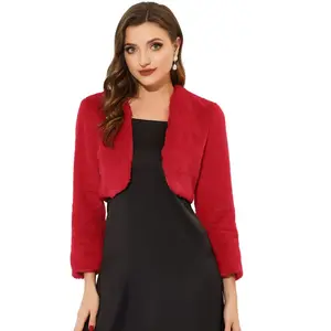 Allegra K Women's Cropped Open Front Collarless Faux Fur Jacket Large Red
