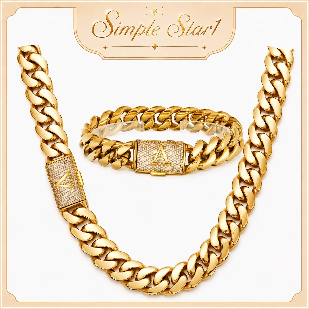 Luxury Gold Stainless Steel Miami Cuban Link Necklace & Bracelet Set for Men, 14MM Heavy Cuban Chain Set with A-Z Cubic Zirconia Initial Clasp - Men's Accessories, Beach Essentials, Chains for Men,Hip Hop Style,High necklace boyfriend jewelry