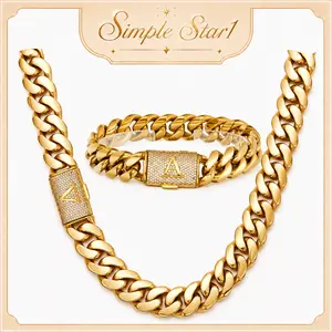 Luxury Gold Stainless Steel Miami Cuban Link Necklace & Bracelet Set for Men, 14MM Heavy Cuban Chain Set with A-Z Cubic Zirconia Initial Clasp - Men's Accessories, Beach Essentials, Chains for Men,Hip Hop Style,High necklace boyfriend jewelry