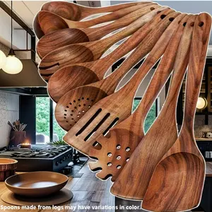 10-Piece Premium Teak Cooking Utensil Set, Non-Stick, Heat Resistant, Ergonomic Handles, Eco-Friendly Reusable, Handmade, Ideal for Stirring, BBQ, Camping, Wooden Spoon Set