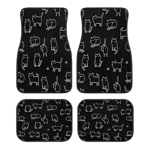 4pcs Black Cat Car Floor Mats - Universal Fit, Non-Slip & Durable Polyester, Stylish Minimalist Design with Outline, All-Season Protection for Cars, Trucks, and SUVs, Car Accessorie, Car Interior Accessory