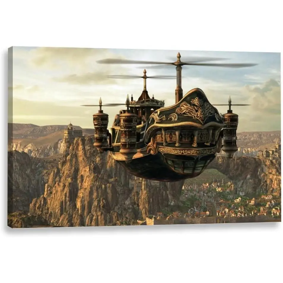 Steampunk Airship Fantasy Poster - Artistic Christmas Landscape Style HD Print Framed Canvas Wall Art, Modern Home Bedroom Aesthetic Decoration (12x18in)