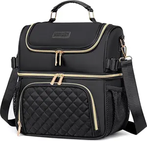 Lunch Bags for Women Dual Compartment Lunch Box Insulated Cooler Large Leakproof for Work Picnic Beach Black