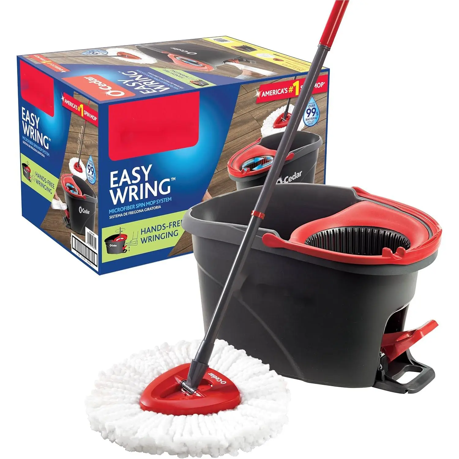 O-Cedar EasyWring Microfiber Spin Mop, Bucket Floor Cleaning System, Red, Gray, Standard