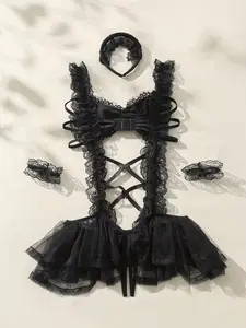 Sexy Open Crotch Crotchless Bodysuit Maid Hollow Temptation Role-Playing Uniform Set