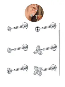 7 Piece 20g Cartilage Earrings Set with Cubic Zirconia, Surgical Steel Push Pin Style, Unisex 6mm Ear Piercing Jewelry, Body Piercings Set