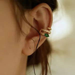 1pc of New Dark Green Ear Cuff, Snake-shaped Micro-paved Artificial Synthetic Cubic Zirconiaia Earring, Fashionable and Trendy Design Ear Clip, for Teenager