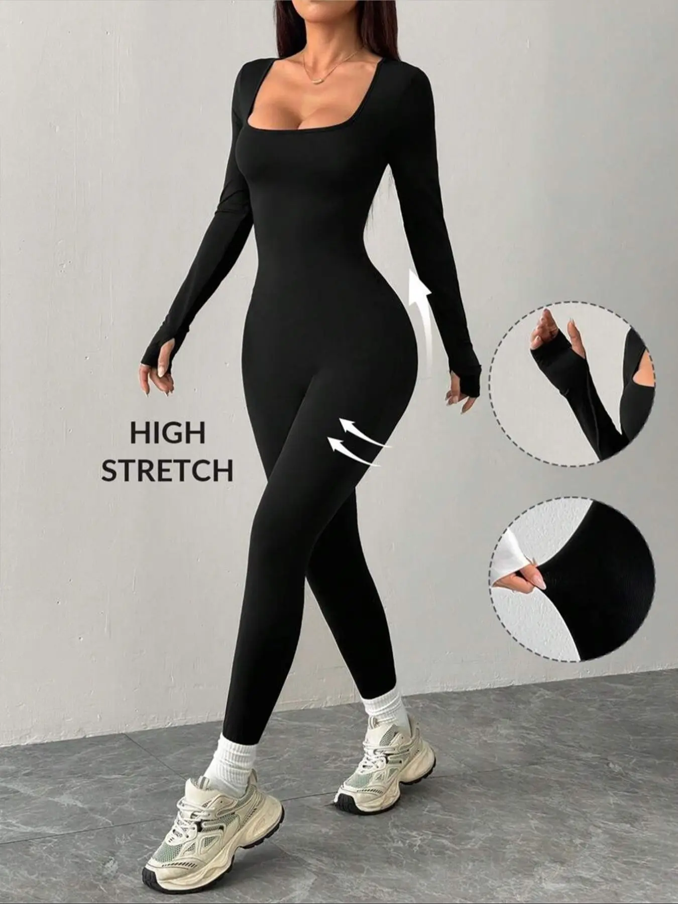 Women's Solid Color Slim Fit Square Neck Unique Design Tight Comfortable Long Sleeve Cuffed Jumpsuit, Casual Fashion All Occasion Wear, Casual Comfy Jumpsuit
