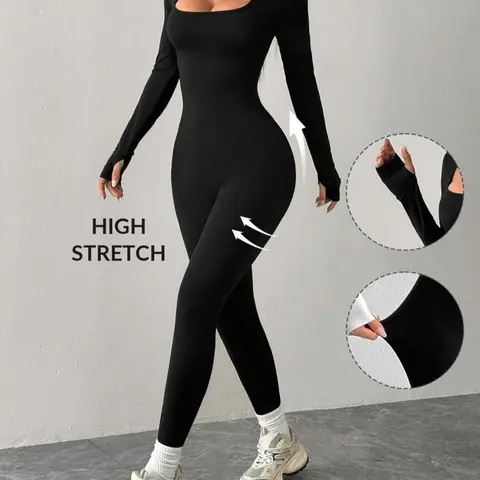Women's Solid Color Slim Fit Square Neck Unique Design Tight Comfortable Long Sleeve Cuffed Square Neckline Jumpsuit, Casual Fashion All Occasion Wear, Casual Comfy Jumpsuit