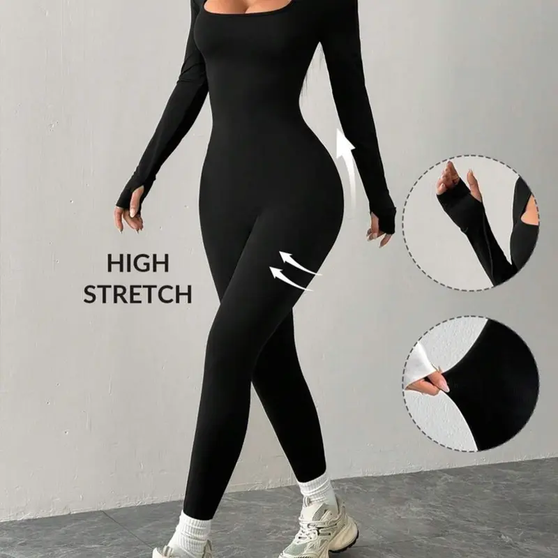 Women's Solid Color Slim Fit Square Neck Unique Design Tight Comfortable Long Sleeve Cuffed Square Neckline Jumpsuit, Casual Fashion All Occasion Wear, Casual Comfy Jumpsuit