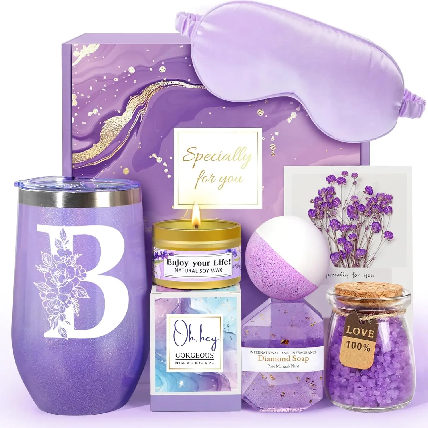 Birthday Gifts for Women, Self Care Gifts for Women, Spa Gifts Basket for Women, 20oz Initial Tumbler w/Straw Lid, Personalized Monogrammed Gifts for Women Mom Her Best Friends Sister Wife, B