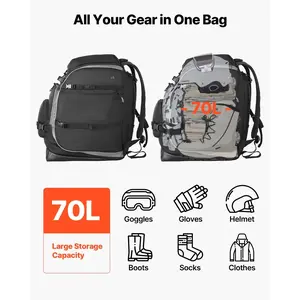 VEVOR Ski Boot Bag, 70L, Snowboard Boots Travel Backpack for Men Women, with Waterproof Exterior Bottom, Durable 1680D Oxford, Bag for Skis, Snowboard, Helmet, Goggles, Gloves, Accessories (Black)