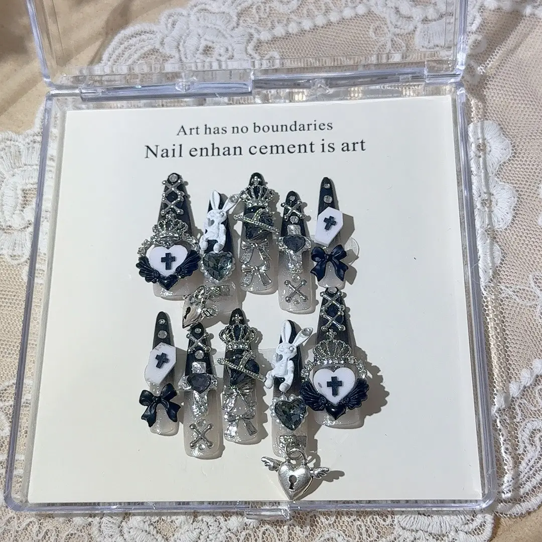 1Set, TRUTH AMOR Gothic Bunny Press On Nails, Acrylic Fake Nails, 10Pcs Long Taper Shape, Black Clear Two Tone Base, Cross Crown Bow Heart Lock Rhinestone Metal Charms, Easy Wear For Dark Style Outfit, ViralY2KNail, TrendyGothManicure