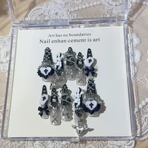 TRUTH AMOR Viral Japanese Dark Y2K Press-On Nails|Bunny Cross Crown|Statement Rhinestone|Removable Handmade Nails|Date Party Y2K Retro Edgy Nails|Nail Enhancer