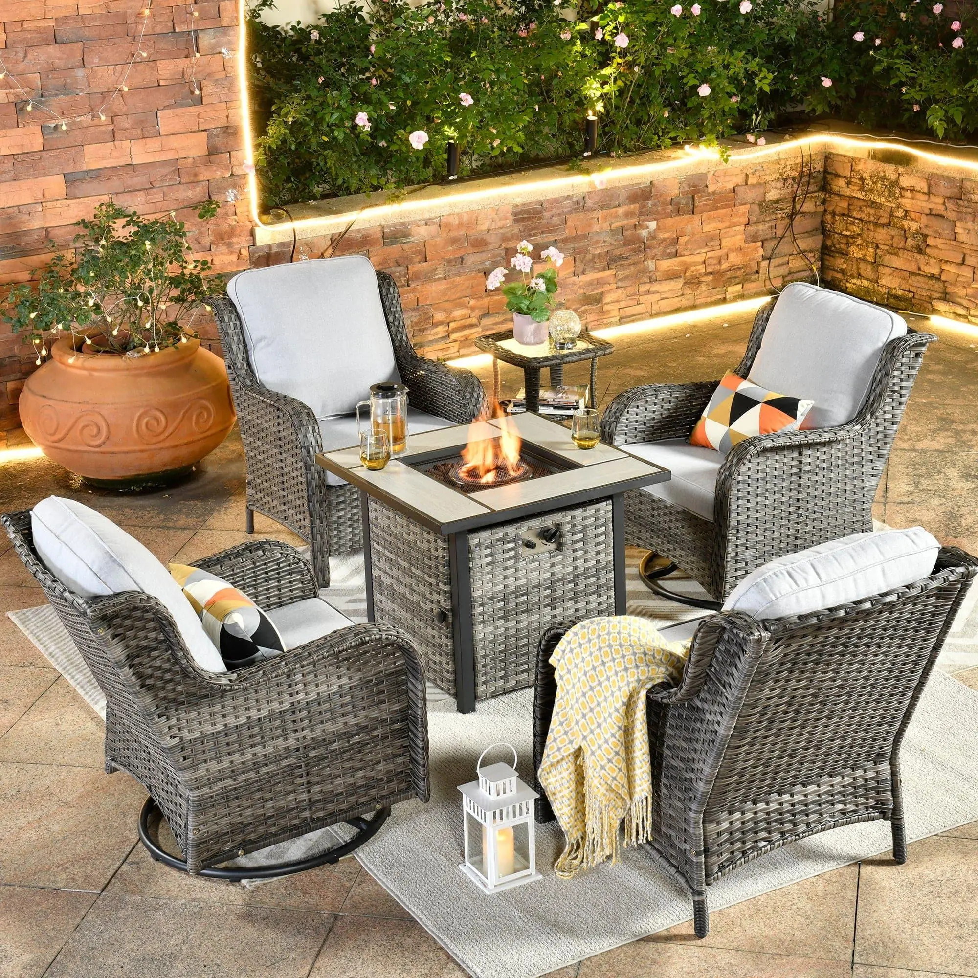 【Summerfinds】OVIOS Kenard 6-Piece Outdoor Patio Furniture Set with 30" Fire Pit Table & 2 Rocking Chairs, Wicker Conversation Sofa Set with Cushions for Backyard Patio Porch Deck Garden Balcony Outdoor Seating