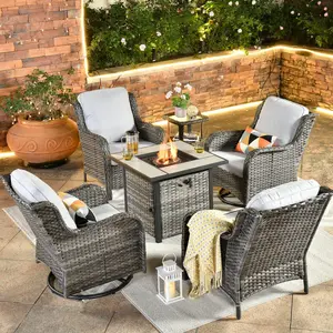 【Summer Vibes】OVIOS Kenard 6-Piece Outdoor Patio Furniture Set with 30" Fire Pit Table & 2 Rocking Chairs, Wicker Conversation Sofa Set with Cushions for Backyard Patio Porch Deck Garden Balcony Outdoor Seating
