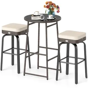 COSTWAY - 3 Pieces Outdoor Swivel Bar Set PE Rattan Bar Height Table with 2 Chairs-White