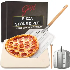 Pizza Stone PRO XL Baking Stone For Pizzas use in Oven,  or BBQ FREE Long Handled Anodised Aluminium Pizza Peel | Rectangular Stone 15 x 12" Inches | For Pies, Pastry, Bread, Calzone