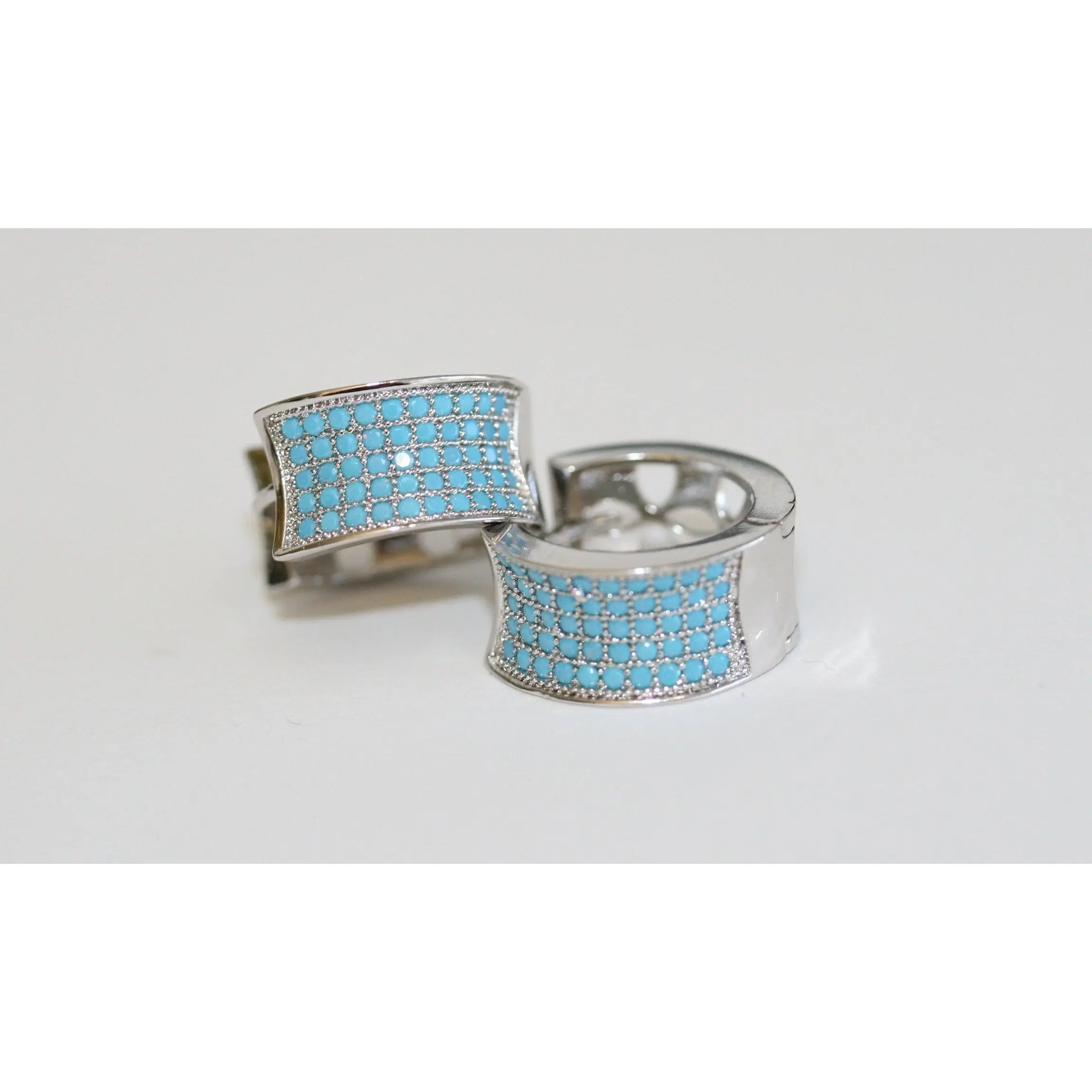 Huggie Hoop Earrings for Women, Polished Silver-Finish with 5-Row Turquoise Stones, 0.5-Inch Lightweight and Elegant for Casual Daily Wear, Fashion Earring, Beach, 3.0G, Female, Rounded Edges, Ear Accessories, Circular Earrings