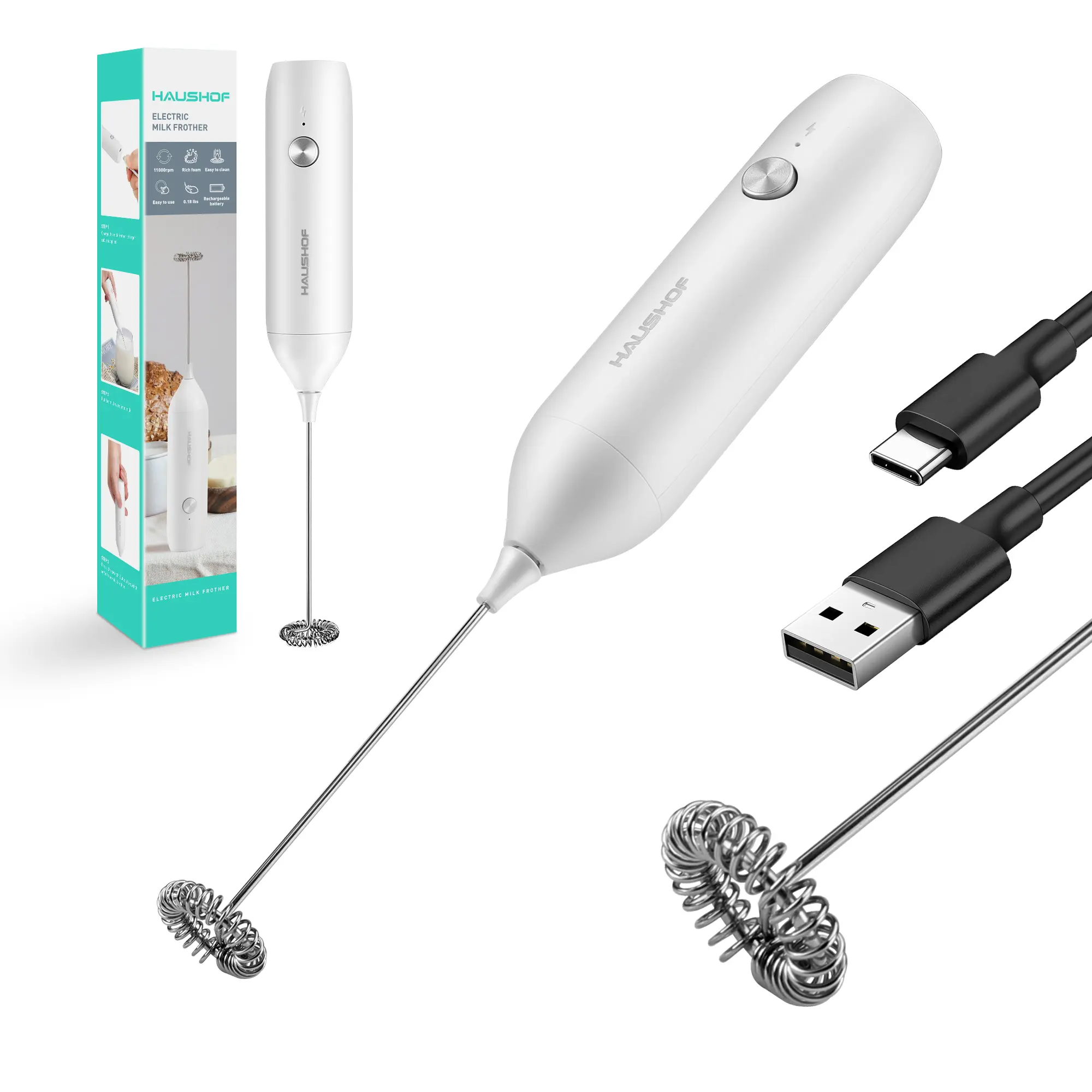 #summersale HAUSHOF Powerful Rechargeable Milk Frother Wand, Handheld Electric Foam Maker, Drink Mixer with Detachable Stainless Steel Whisk for Coffee Latte, Cappuccino, Matcha, No Stand, White