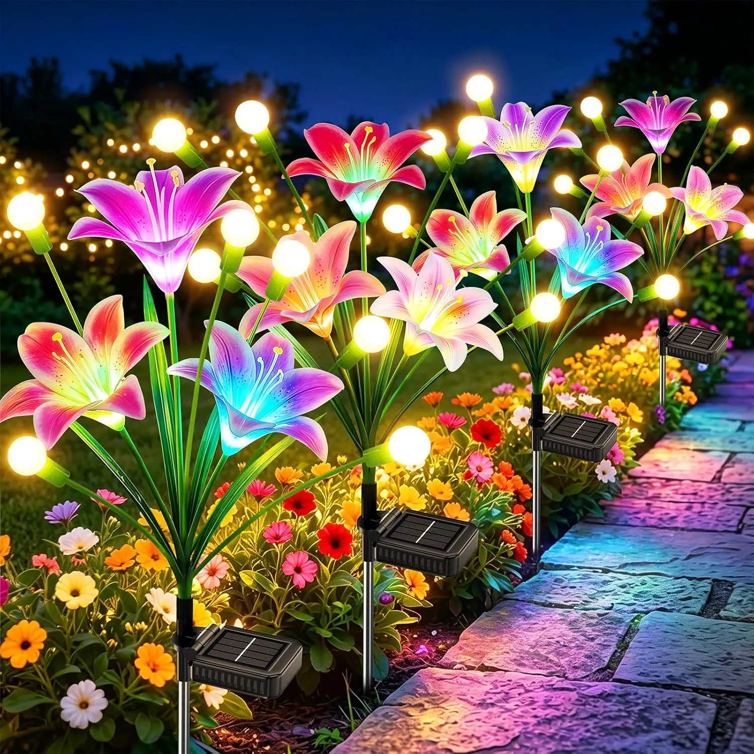 KOOPER Upgraded Solar Garden Lights Outdoor, 4 Pack Solar Firefly Swaying Light with Colorful LED Lily Flower, Waterproof Garden Decor for Yard Patio Pathway Lawn, Gifts for Women (2 Rosy+2 Purple)