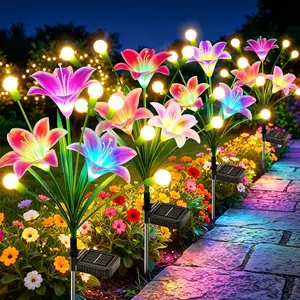 SummerVibes KOOPER Upgraded Solar Garden Lights Outdoor: 4 Pack Solar Firefly Swaying Light with Colorful LED Lily Flower, Waterproof Garden Decor for Yard Patio Pathway Lawn, Gifts for Women (2 Rosy+2 Purple)