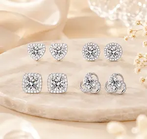Direct from Factory 4 Pairs Moissanite Stud Earrings for Women, Shiny Heart Round Square Flower Designs, Hypoallergenic Anti-Tarnish Daily Jewellery & Gifts