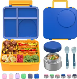 Bento Box for  - Leak-Proof Lunch Box with Insulated Thermos  Jar - 4 Compartments, 1 Removable Divider, 1Spoon, 1 Fork - Dishwasher Safe,  (Blue)