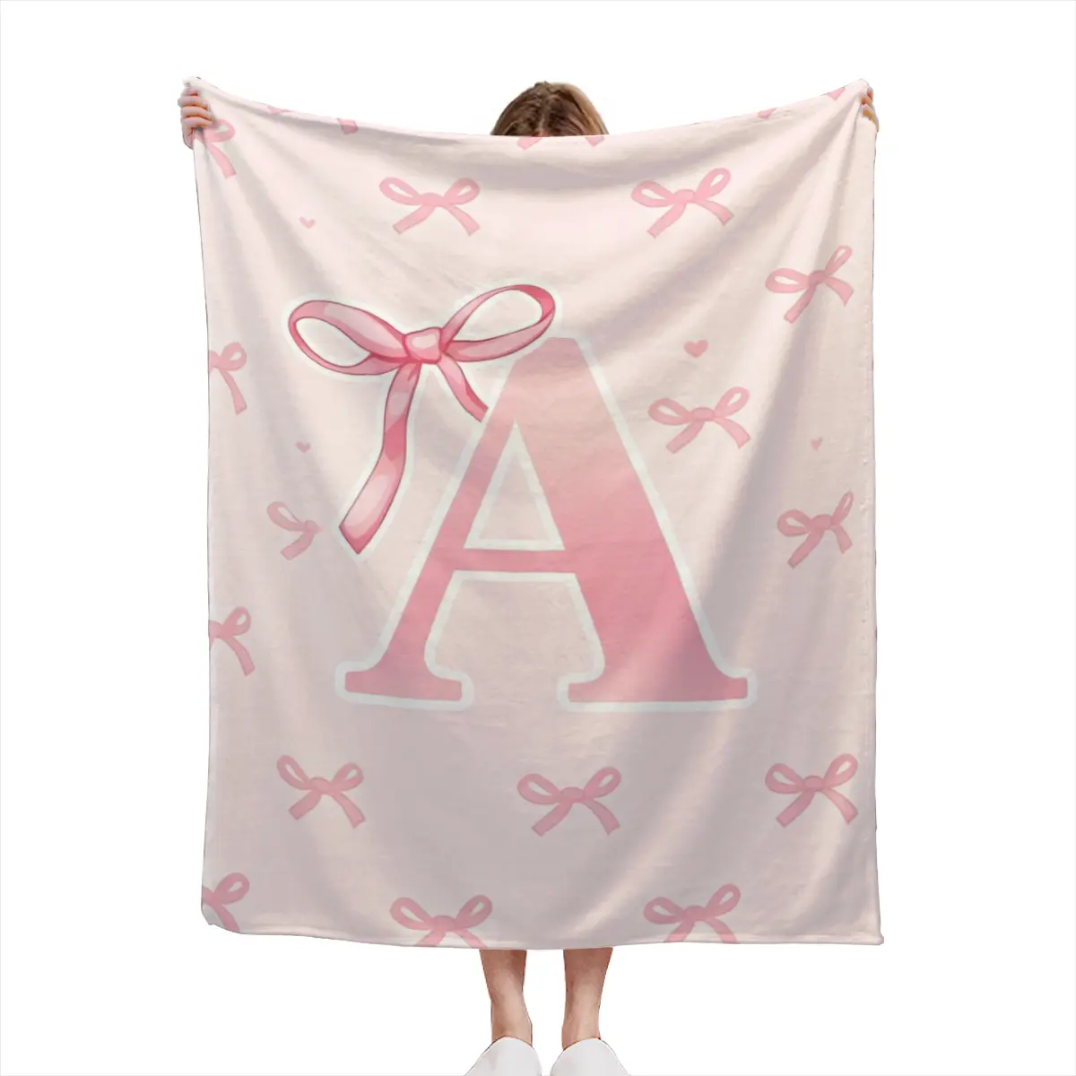 Coquette Pink Bow Initial A Throw Blanket, Monogram Letter A Flannel Blanket, Soft Cute Girly Aesthetic Decor Blanket, Personalized Gift for Women