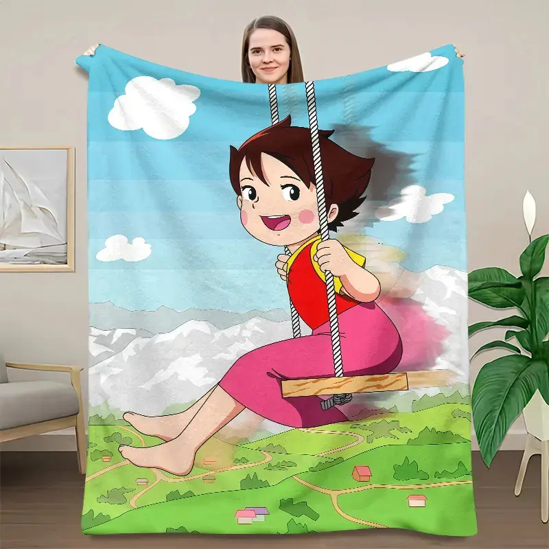 Anime Heidi Soft Fleece Flannel Weave Throw Blanket - Vintage Japanese Design, Alpine Mountain Scene, Bright Blue Sky, White Clouds, Green Hills, Snowy Peaks, Kids Rooms Decor, Nostalgic Fan All-Season Gift