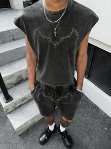 Gothic Style Cotton Sleeveless Cami Top & Shorts Set, Streetwear Cool, Slim-Fitting, No Zipper, No Collar, Chain Print
