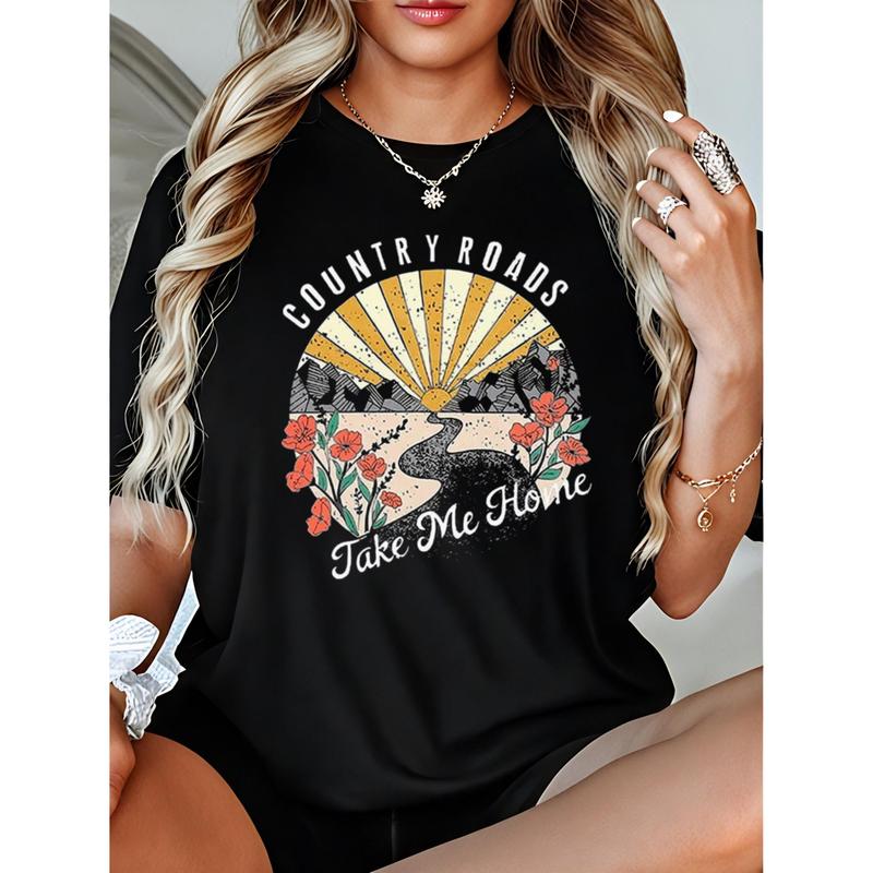 Women's Country Roads Floral Print T-Shirt 100% Cotton Crew Neck Short Sleeve Black Tee