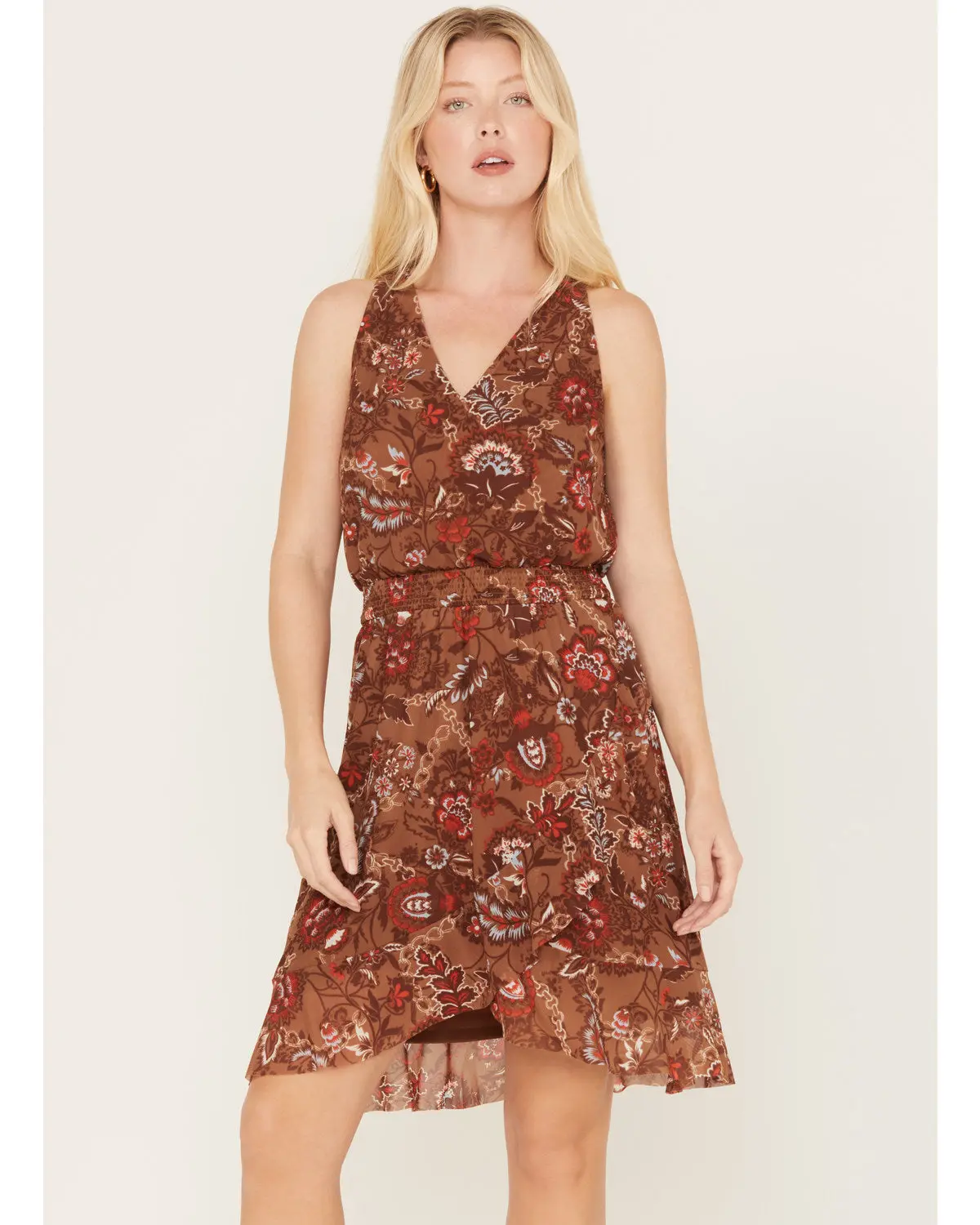 Women's Casual Smocked Waist V-Neck Meshed Mini Dress - Imported Floral Print, Angled Ruffled Design, Short Length, XS Size