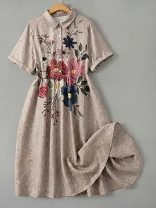 Women's Plus Size Floral Print Long Dress, Elegant Lapel and Single Row Button Design, Perfect for Daily Wear, Parties, Dates, Formal Events