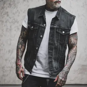 Vests Men Denim Jacket Turn Down Collar Sleeveless Coats Casual Regular Splice Pocket Button Single Breasted Coat Jackets 2024 Black Tops