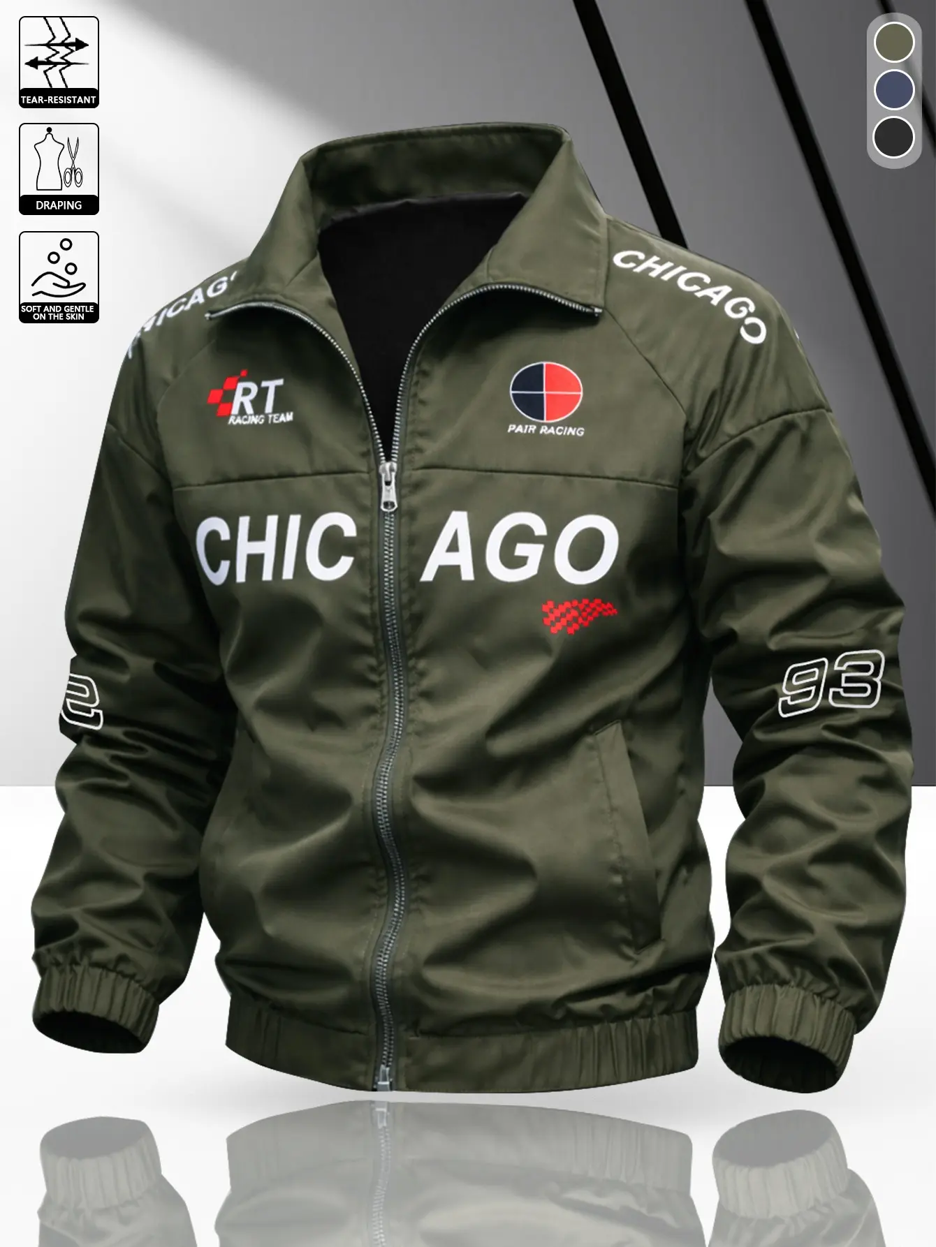 Men’s American racing-themed baseball jacket featuring a full zip front, trendy print details, and a stretchy ribbed hem—perfect for city explorations, car meetups, and everyday outings.